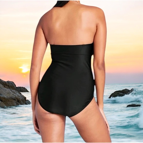 Kona Sol Jet Black Crochet Flounce Bandeau One-Piece Swimsuit - Picture 3 of 16